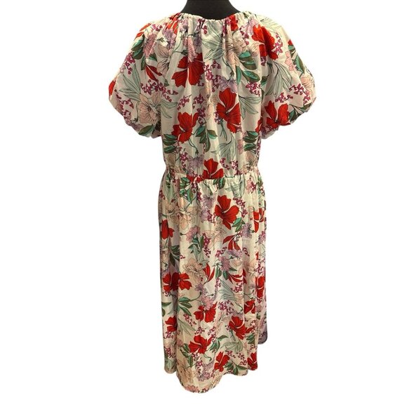 On 34th Floral Maxi Cotton Dress Elastic Waist Puff Short Sleeve Pockets Size L - Picture 2 of 8